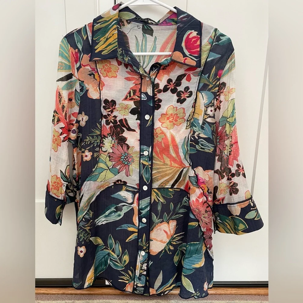 Floral patchwork blouse button down shirt tunic tropical Signals Funsport medium